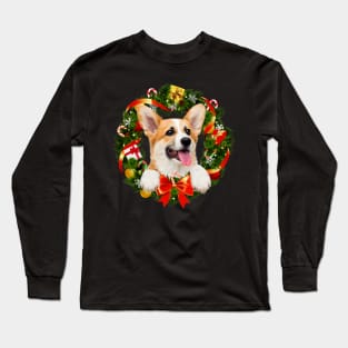 Funny Corgi Christmas Wreath Ornament Long Sleeve T-Shirt